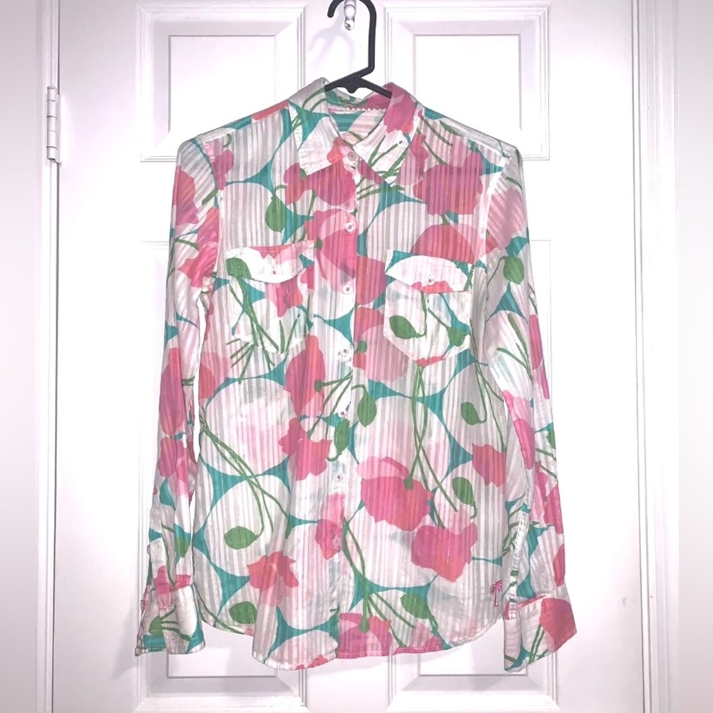 Lilly Pulitzer Button Up Women Floral Resort Cruise Shirt Metallic Stripe Small
